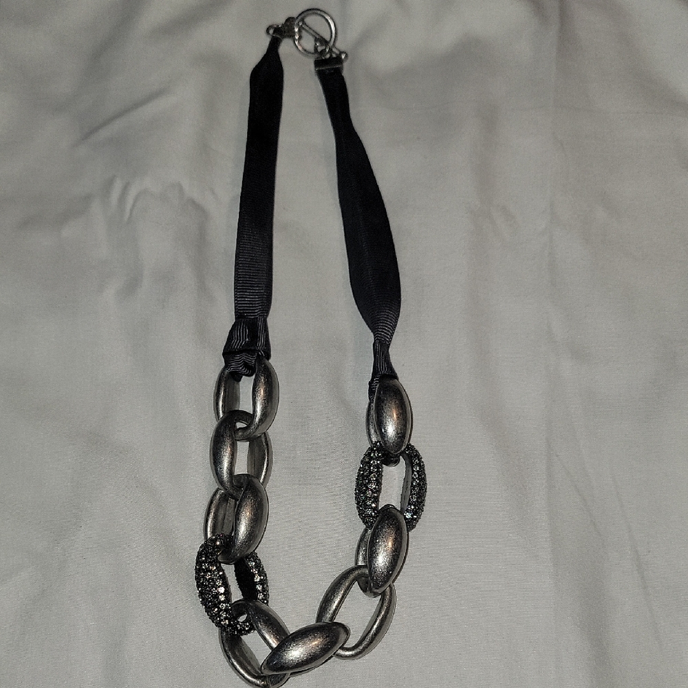 LOFT Black and Silver Ribbon Statement Link Necklace